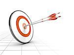 Advice or business competition concept. One target and three arrows achieving their objectives. Perspective background and orange color