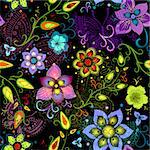 Black seamless floral pattern with vivid flowers and colorful transparent butterflies (vector eps 10)