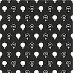 Seamless dark vector pattern or texture with light bulbs on black background. For website design, blog, www, desktop wallpaper, scrapbook, invitation and card. Sign of creative and invention