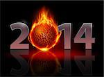 New Year 2014: metal numerals with fire ball instead of zero having weak reflection. Illustration on black background.