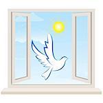 Dove bird pigeon fly in open window to sunny sky. Freedom vector illustration.