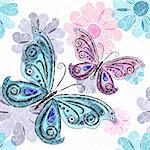 Spring grunge seamless spotty white pattern with pink and blue and gray flowers and butterflies (vector EPS 10)