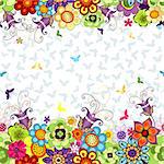 Seamless white floral spring pattern with vivid flowers and butterflies (vector)