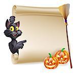 A Halloween scroll with black cat pointing at the scroll sign and carved Halloween pumpkins and witch's broom stick