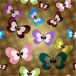 Brown seamless spring pattern with transparent colorful butterflies and lacy gold flowers (vector EPS 10)