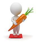 3d small people standing on scales with carrots in hands . 3d image. Isolated white background.