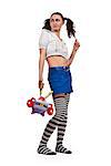girl in striped socks, mini skirt with a toy and Pigtails