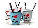 Many mugs where it is written I love my staff and my boss, symbol of staff relations and motivation in workplace.