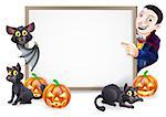 Halloween sign or banner with orange Halloween pumpkins and black witch's cats, witch's broom stick and cartoon Dracula and vampire bat characters