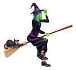 A friendly cartoon Halloween witch flying on her broom stick with her cute black cat