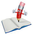 An illustration of a cartoon pencil man character writing in a book