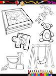 Coloring Book or Page Cartoon Illustration of Black and White Toys Objects Set for Children Education