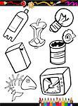 Coloring Book or Page Cartoon Illustration of Black and White Garbage Objects Set for Children Education