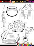 Coloring Book or Page Cartoon Illustration of Black and White Home Objects Set for Children Education