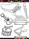 Coloring Book or Page Cartoon Illustration of Black and White Music Instruments Objects Set for Children Education