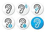 Hearing problem black and blue round labels - sound, implant, ear, deaf