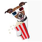 3d glasses dog with  popcorn beside a white banner