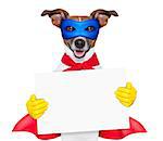 super hero dog with  red cape and a  blue mask holging a placard