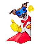 super hero dog with  red cape and a  blue mask beside a blank banner