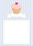 Vector document, restaurant menu, wedding card, list or baby shower invitation with sweet retro cupcake on blue vintage pattern or stipes texture background with white space for your own text message