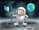 An illustration of a cute cartoon astronaut on the moon planting a flag with the planet earth in the background