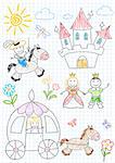 Vector sketches with happy princes and princesses. Sketch on notebook page