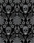 Seamless flower skull vector object scull illustration. People bone design on black background. Halloween symbol.