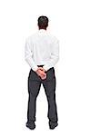 Businessman turning his back to camera on white background