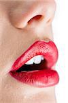 Extreme close up on open sensual red lips on white background
