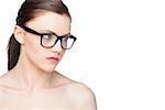 Relaxed natural model wearing classy glasses on white background