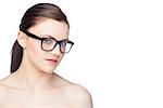 Content natural model wearing classy glasses on white background