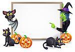 Halloween sign or banner with orange Halloween pumpkins and black witch's cats, witch's broom stick and cartoon witch and vampire bat characters