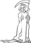 Black and White Cartoon Illustration of Spooky Halloween Death with Scythe or Skeleton Character for Coloring Book