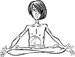 Black and White Cartoon Illustration of Young Man Practising Yoga Meditation in Lotus Position or Asana