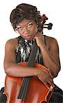 Pensive woman over white background holding a cello