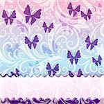 Gentle vintage frame with translucent violet butterflies and wave strip (vector EPS 10)