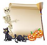 Halloween scroll or banner sign with orange carved Halloween pumpkins and black witch's cats, witch's broom stick and cartoon skeleton character