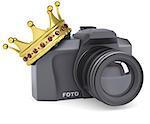 Professional camera and gold crown. Isolated render on a white background