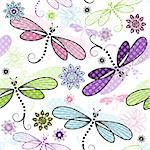 Spring seamless floral pattern with colorful dragonflies and translucent polka dots (vector EPS 10)