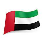 National flag of United Arab Emirates: green, white and black horizontal stripes with red vertical band on left side.