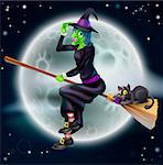 A happy cartoon Halloween witch flying on her broom stick with her black cat and a full moon in the background