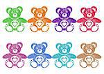 Set of cute coloured teddy bears with heart