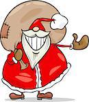 Cartoon Illustration of Funny Santa Claus Character with Sack Full of Christmas Presents and Gifts