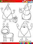 Coloring Book or Page Cartoon Illustration of Black and White Christmas Themes Set with Santa Claus or Papa Noel and Xmas Presents and Decorations for Children