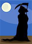 Cartoon Illustration of Spooky Halloween Death Silhouette in the Moonlight