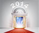 New Year Door 2014 concept of a fantastic white marble door with columns and a red carpet with light streaming through it.