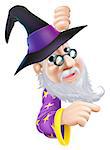 A cartoon wizard character peeping round a sign or banner and pointing