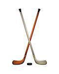 Two crossed ice hockey sticks and puck on white background