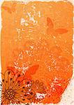 Grunge orange paper with translucent flowers and butterflies (vector EPS 10)