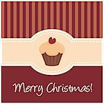 Beautiful dark red vector card with wishes. Classic vector illustration with red background, sweet muffin cupcake and Merry Christmas message